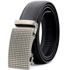 Amedeo Exclusive Men's Black Belt Silver Checkered Buckle Leather - Amedeo Exclusive