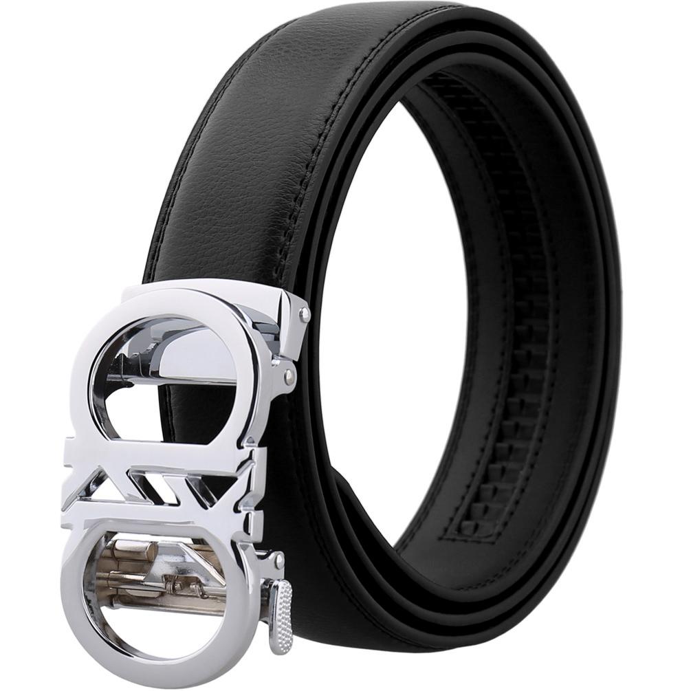 Amedeo Exclusive Men's Silver Slide Buckle Black Leather Belt - Amedeo Exclusive