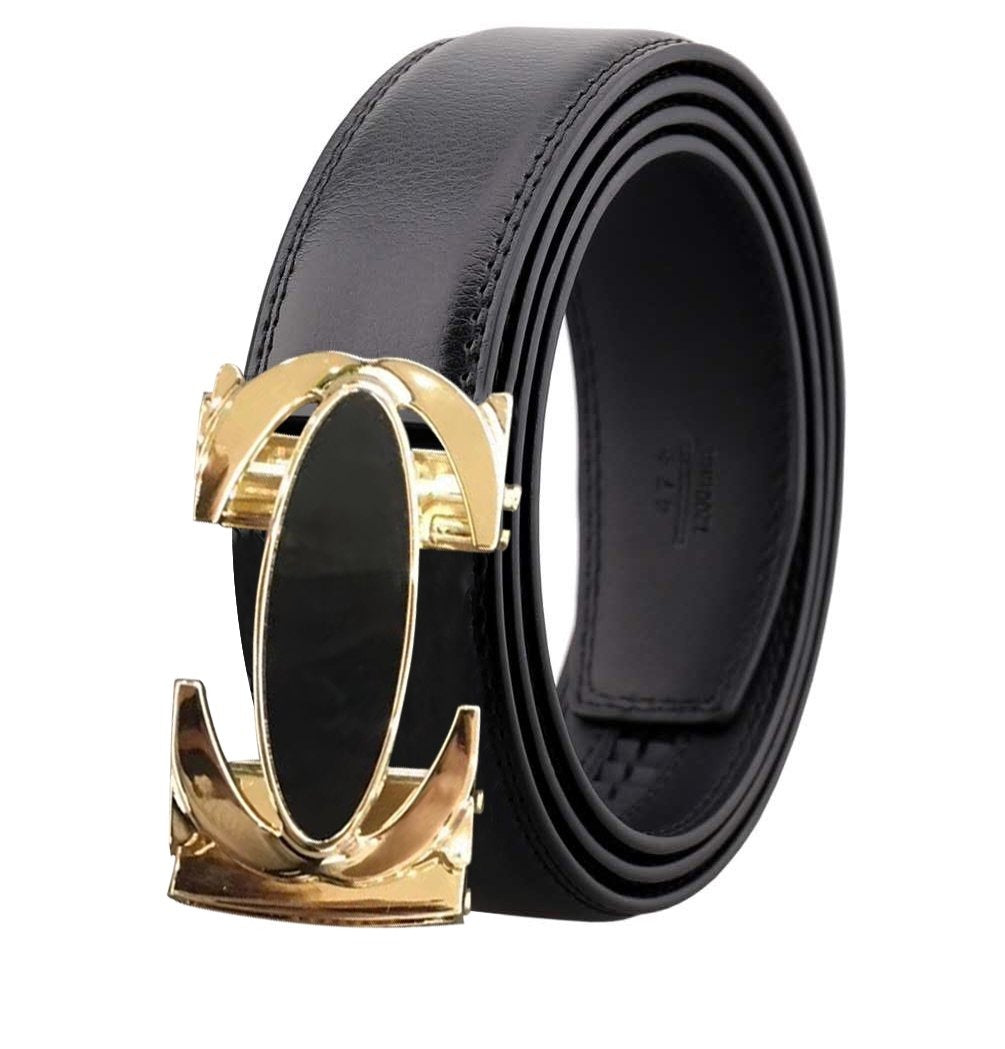 Amedeo Exclusive Men's Black and Gold Buckle Black Leather Belt - Amedeo Exclusive