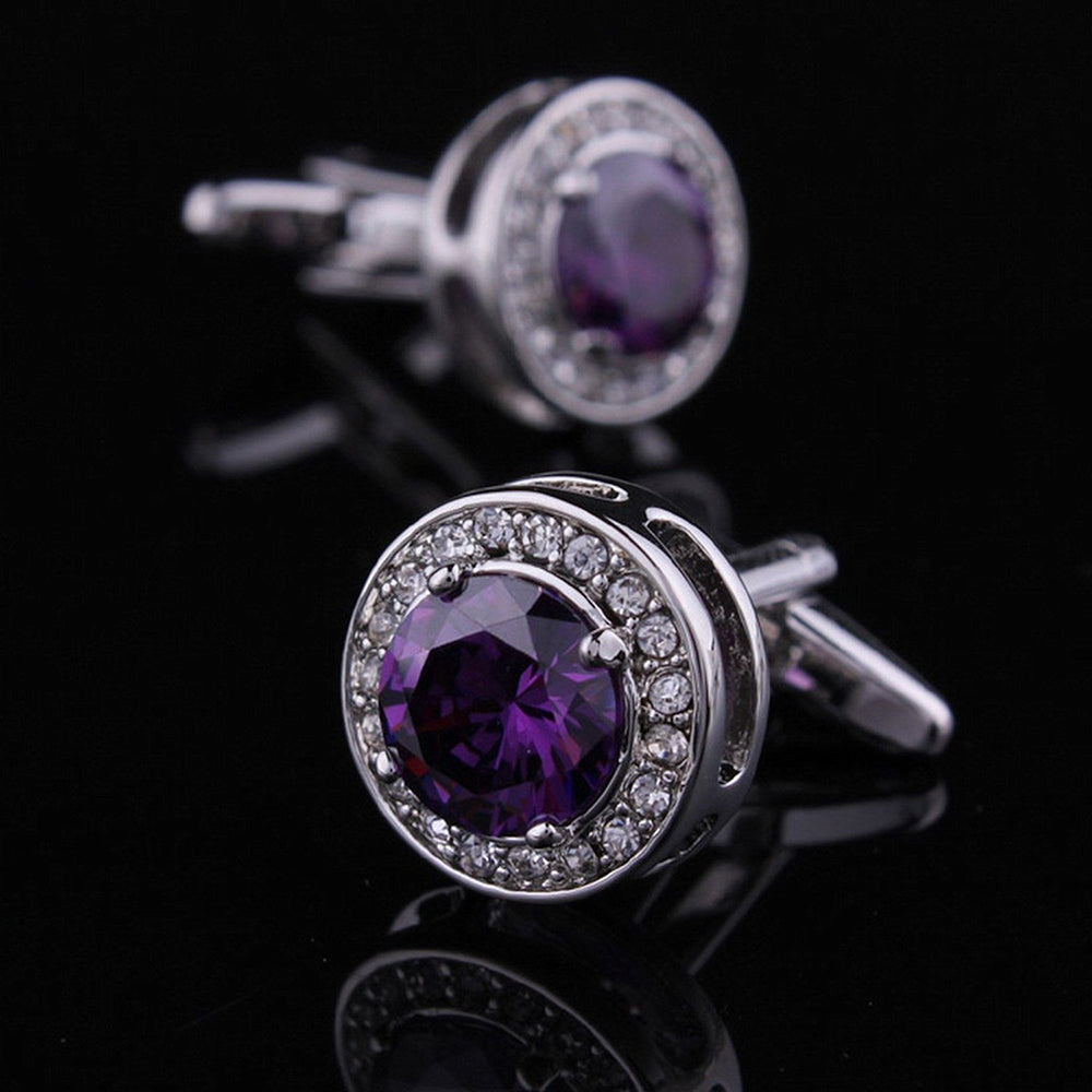 Mens Stainless Steel Purple Round Big Stone Cufflinks for Shirt with Box - Hand Crafted Perfect Gift - Amedeo Exclusive