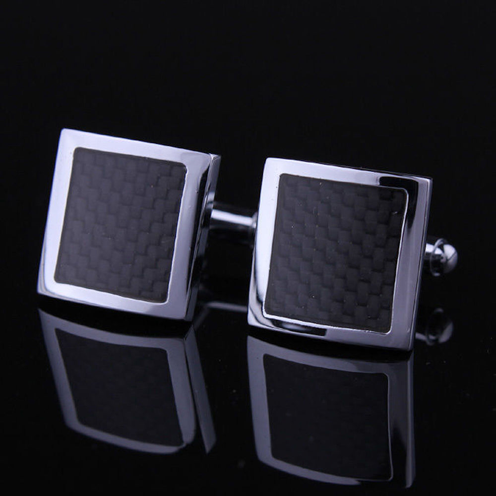Mens Stainless Steel Silver + Black Carbon Fiber Square Cufflinks for Shirt with Box - Hand - Amedeo Exclusive