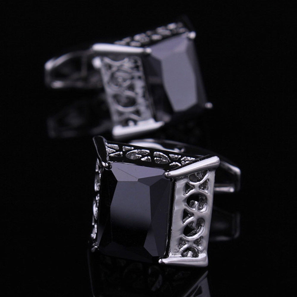 Mens Stainless Steel Silver Big Squares Black Cufflinks for Shirt with Box - Hand Crafted Perfect - Amedeo Exclusive