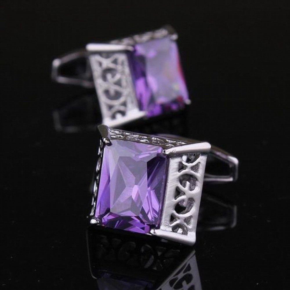Mens Stainless Steel Big Square Purple Cufflinks for Shirt with Box - Hand Crafted Perfect Gift - Amedeo Exclusive