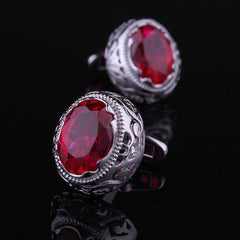 Mens Stainless Steel Silver with Big Round Red Stone Cufflinks for Shirt with Box - Hand Crafted - Amedeo Exclusive