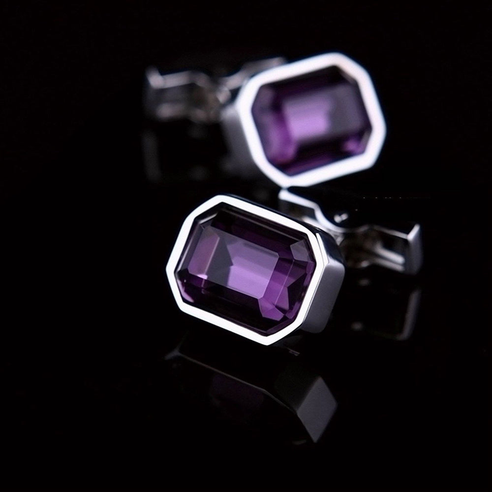 Mens Stainless Steel Silver with Big Purple Stone Rectangular Cufflinks for Shirt with Box - Hand - Amedeo Exclusive