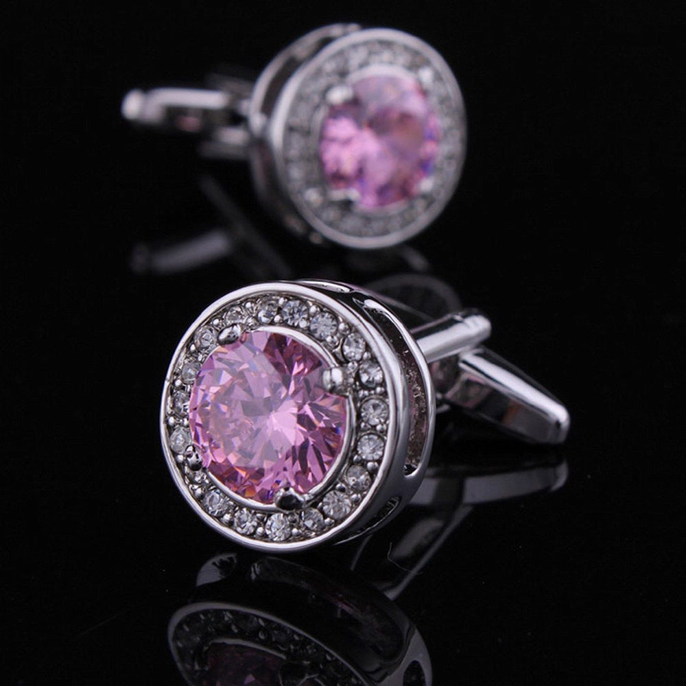 Mens Stainless Steel Pink Rounf Big Stone Rectangular Cufflinks for Shirt with Box - Hand Crafted - Amedeo Exclusive