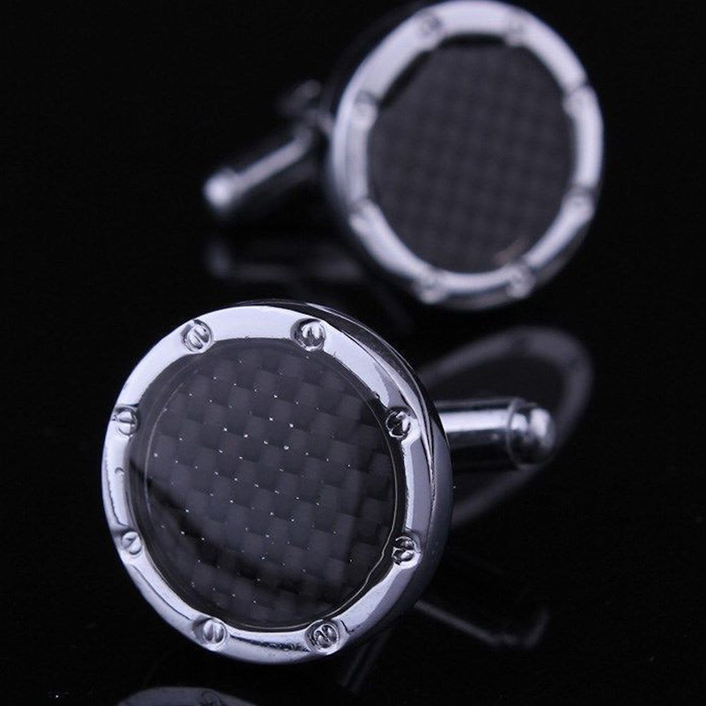 Mens Stainless Steel Silver + Black Carbon Fiber Round Cufflinks for Shirt with Box - Hand Crafted - Amedeo Exclusive