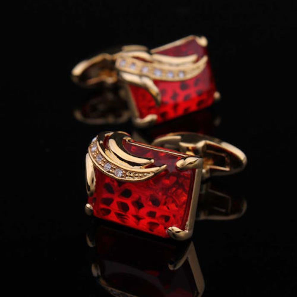 Mens Stainless Steel Gold + Red Squares Cufflinks for Shirt with Box - Hand Crafted Perfect Gift - Amedeo Exclusive