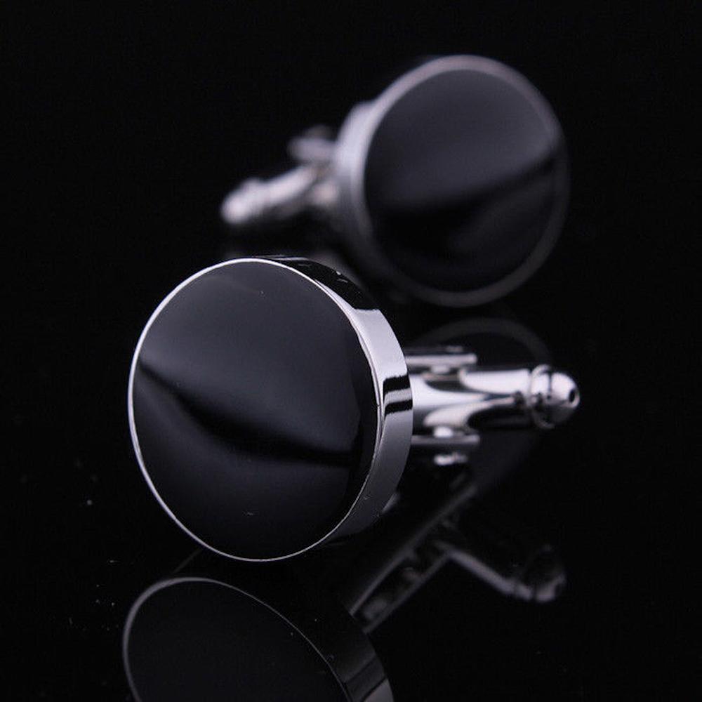 Men's Stainless Steel Silver with Black Solid Round Cufflinks with Box - Amedeo Exclusive