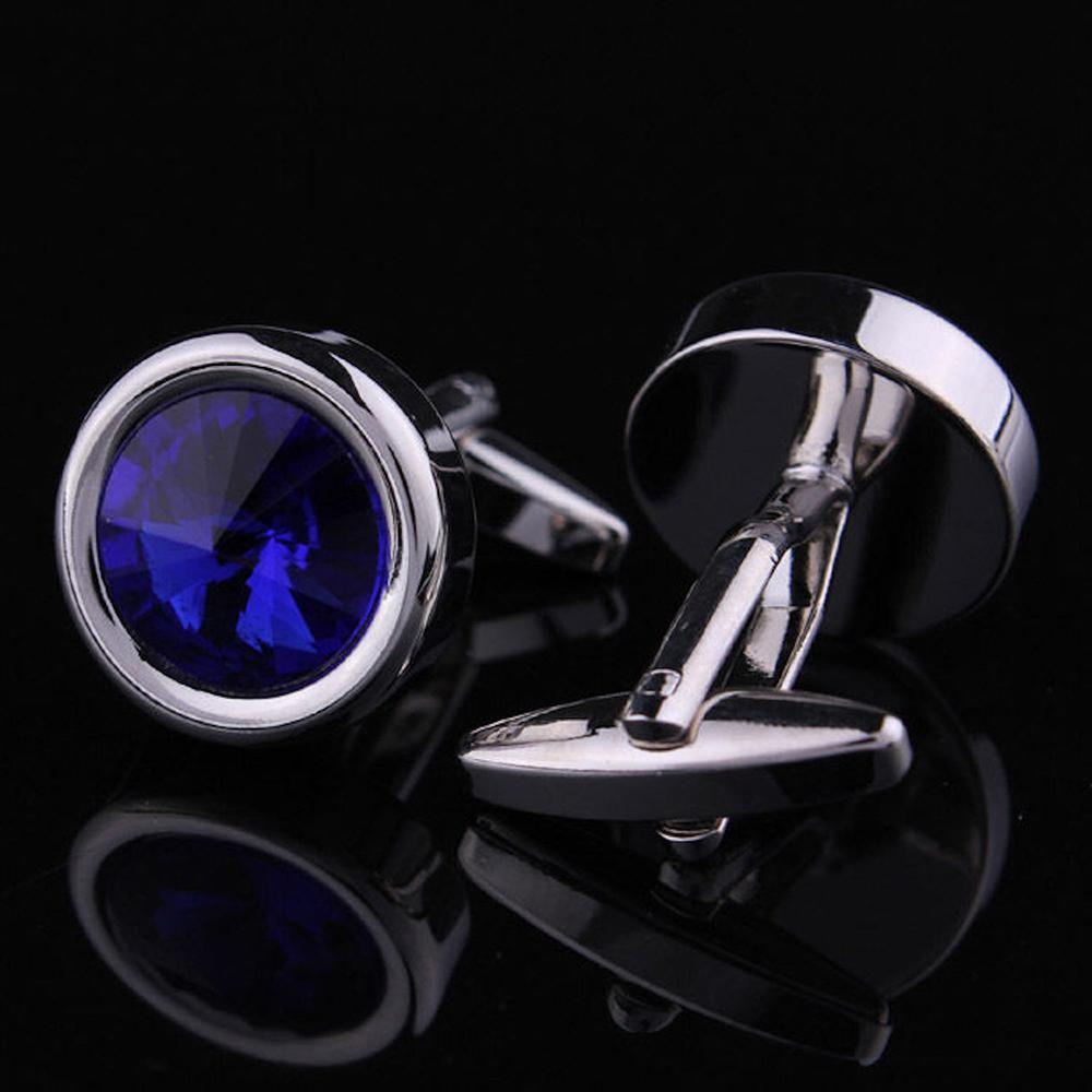 Men's Stainless Steel Silver with blue round stone Cufflinks with Box - Amedeo Exclusive