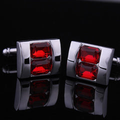 Men's Stainless Steel Silver Squares with Red Color Stone Cufflinks with Box - Amedeo Exclusive