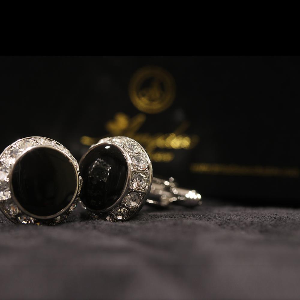 Mens Stainless Steel Black Round with Stones Cufflinks for Shirt with Box - Hand Crafted Perfect - Amedeo Exclusive