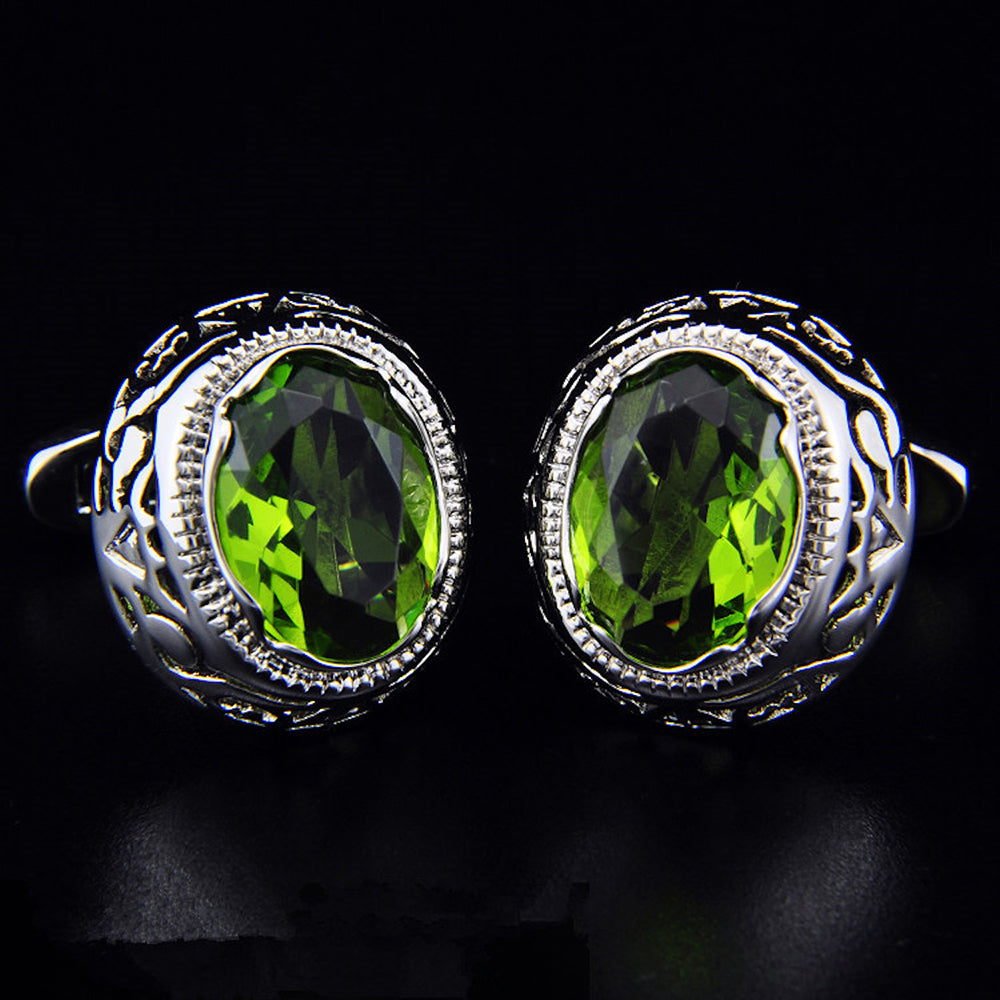 Mens Stainless Steel Silver w/ Big Green Stone Cufflinks for Shirt with Box - Hand Crafted Perfect - Amedeo Exclusive