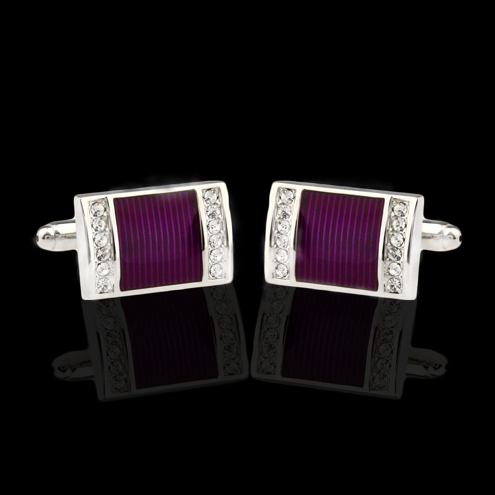 Men's Stainless Steel Silver with Purple and Stones Cufflinks with Box - Amedeo Exclusive