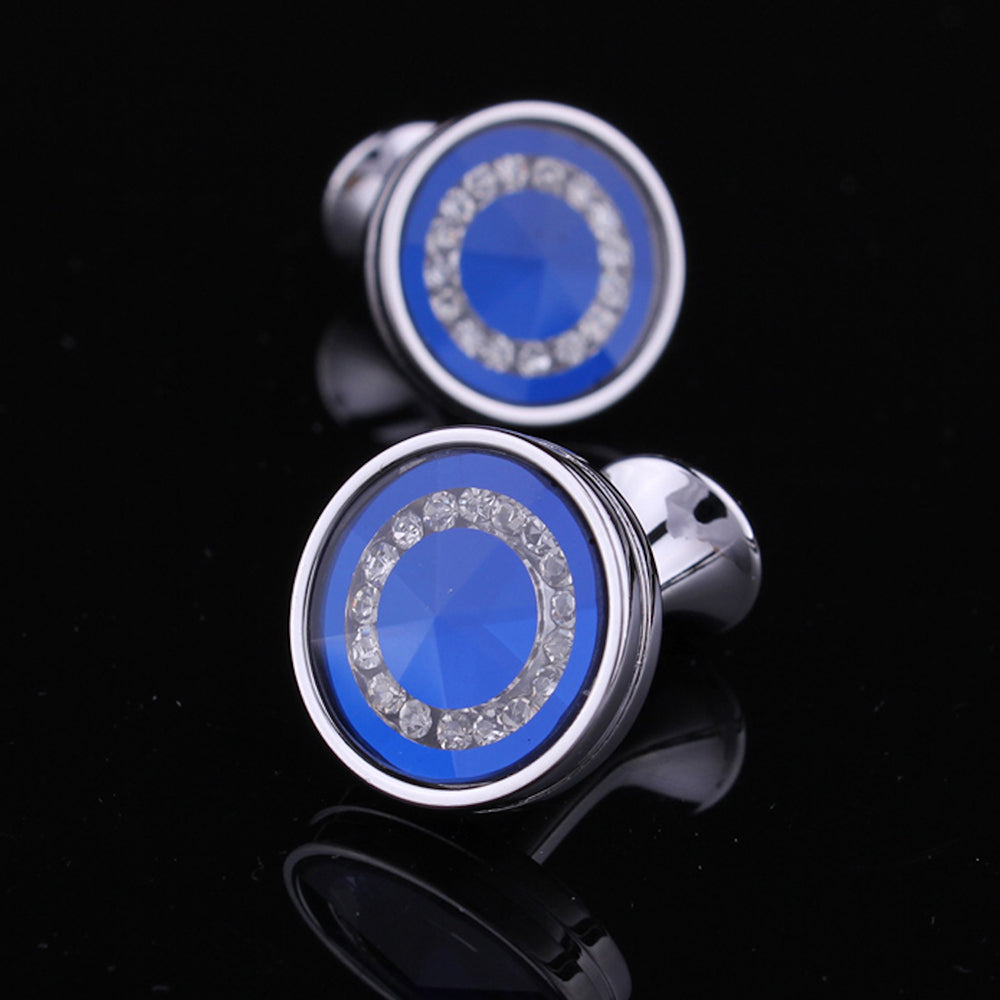 Mens Stainless Steel Round Topaz Blue With Stones Cufflinks for Shirt with Box - Hand Crafted - Amedeo Exclusive