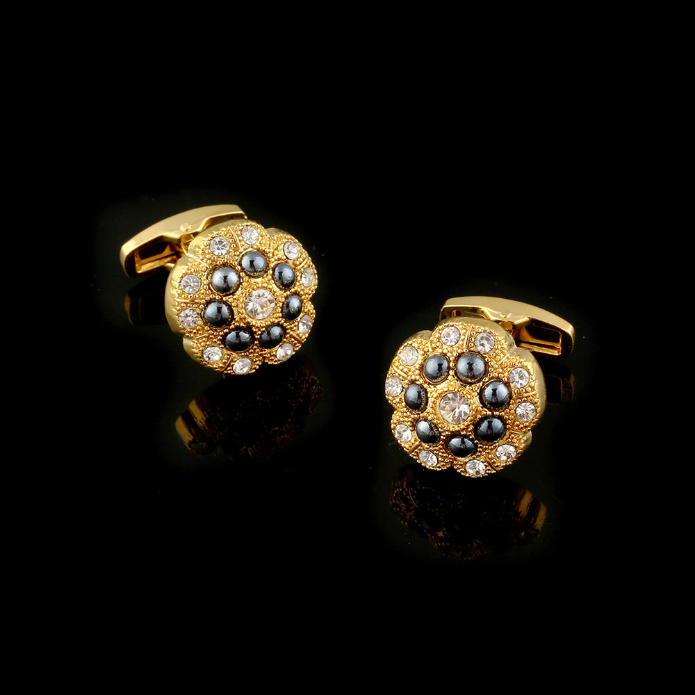 Men's Stainless Steel Gold Black Flowers Cufflinks with Box - Amedeo Exclusive