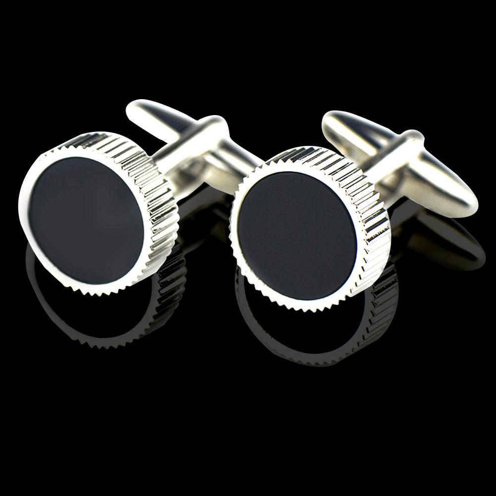 Men's Stainless Steel Black Silver Round Cufflinks with Box - Amedeo Exclusive