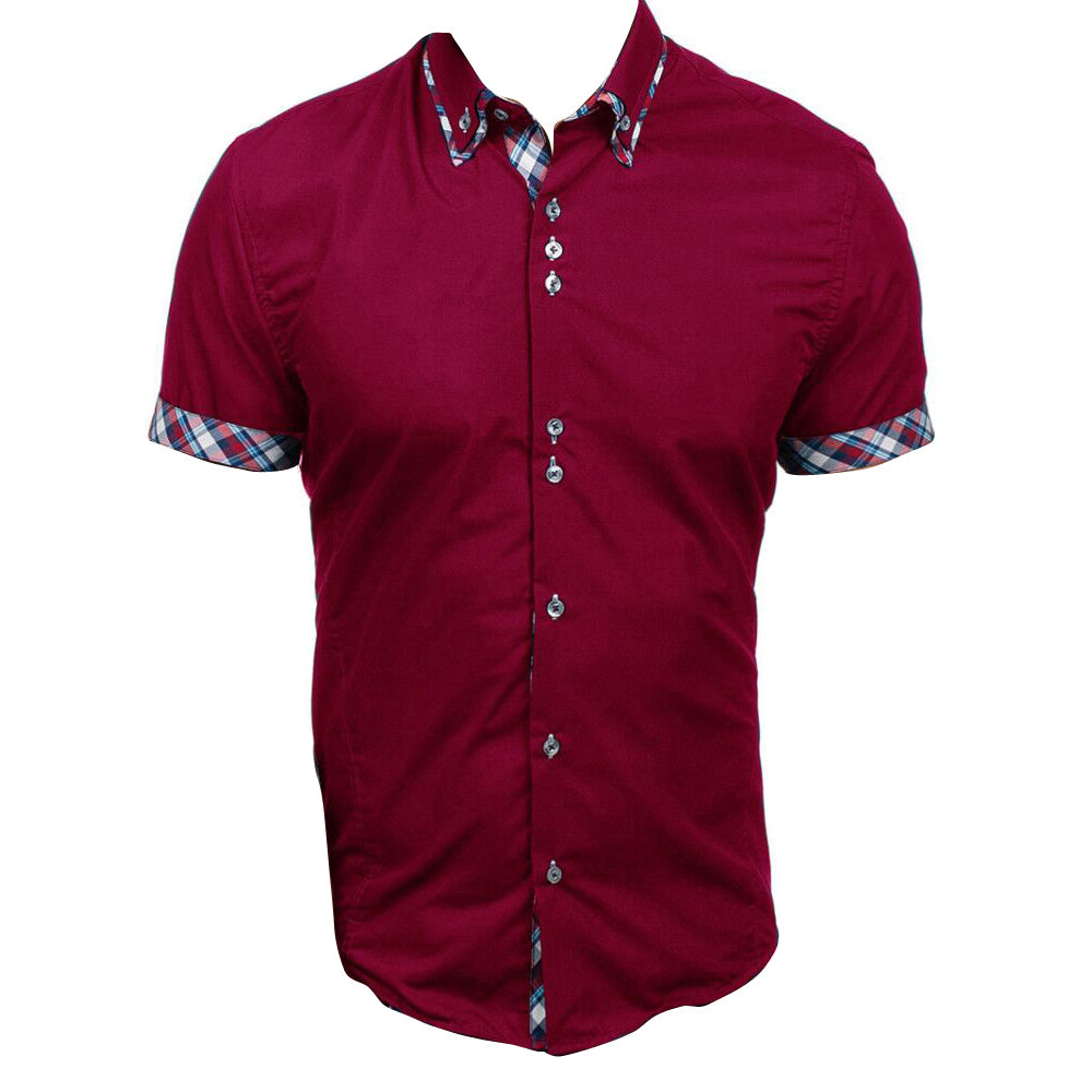 Men's Button down Tailor Fit Soft 100% Cotton Short Sleeve Dress Shirt Burgandy with Colorful Check casual And Formal - Amedeo Exclusive