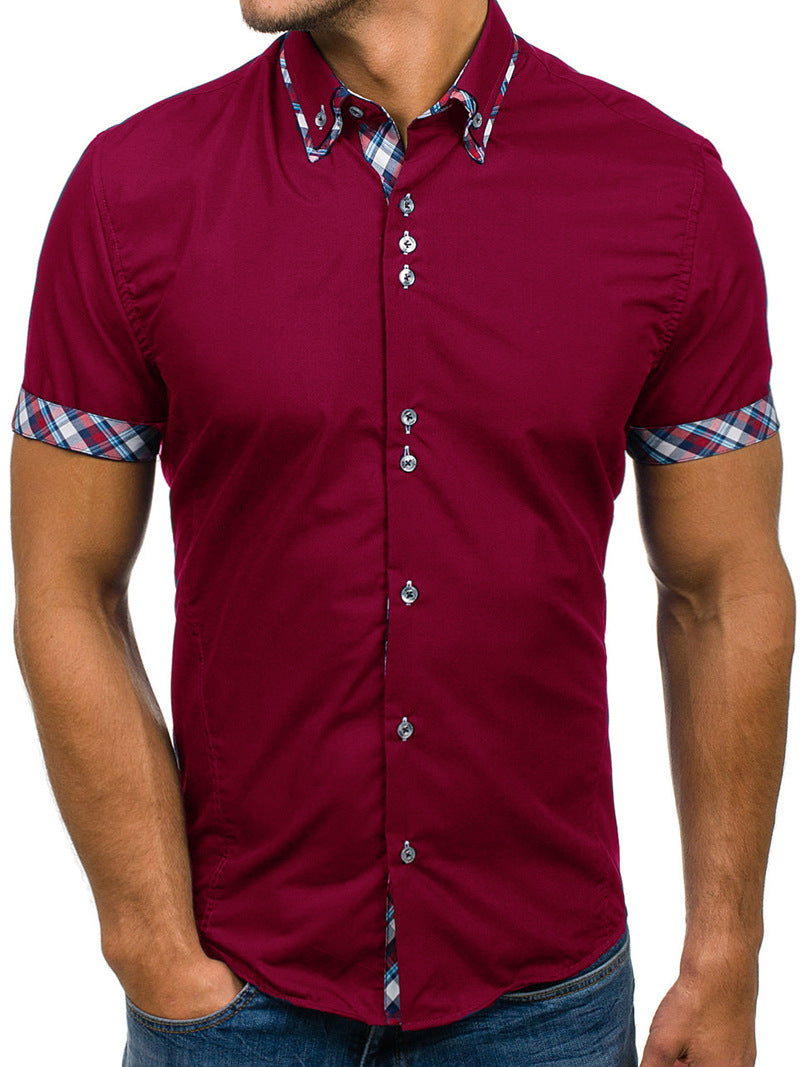 Men's Button down Tailor Fit Soft 100% Cotton Short Sleeve Dress Shirt Burgandy with Colorful Check casual And Formal - Amedeo Exclusive