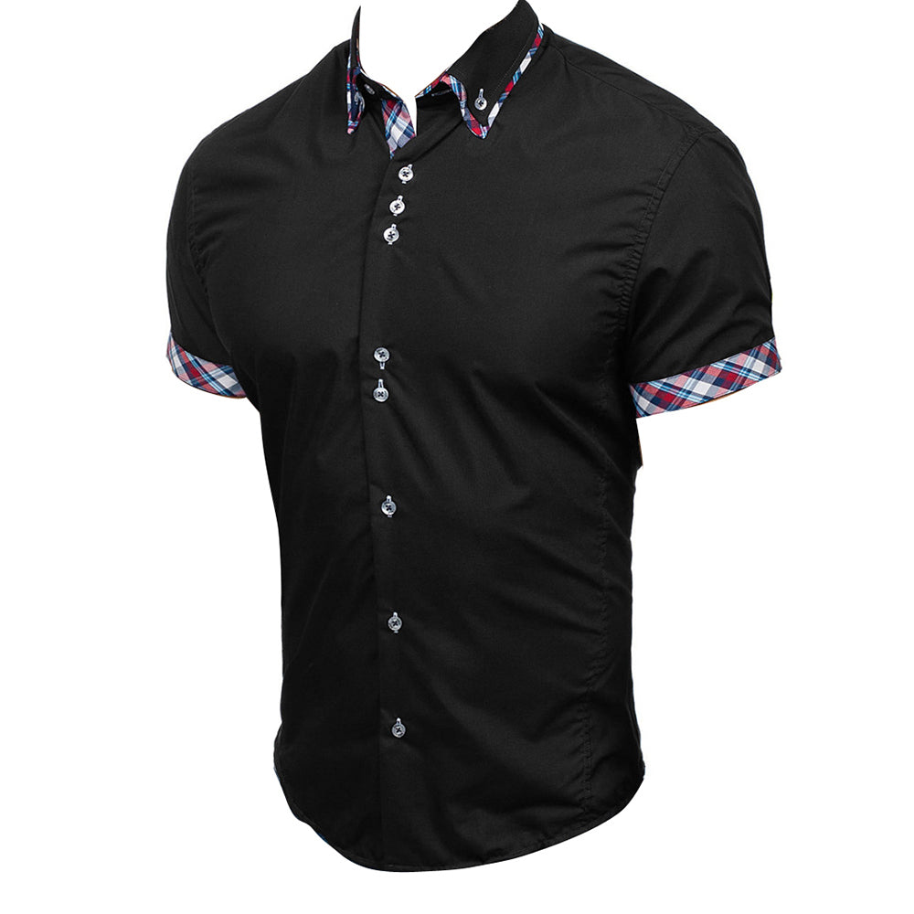 Men's Button down Tailor Fit Soft 100% Cotton Short Sleeve Dress Shirt Black with Colorful Check casual And Formal - Amedeo Exclusive