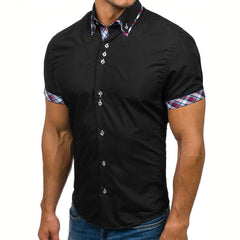 Men's Button down Tailor Fit Soft 100% Cotton Short Sleeve Dress Shirt Black with Colorful Check casual And Formal - Amedeo Exclusive