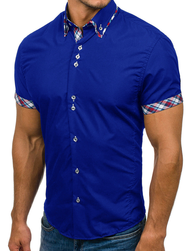Men's Button down Tailor Fit Soft 100% Cotton Short Sleeve Dress Shirt Medium Blue with Colorful Check casual And Formal - Amedeo Exclusive