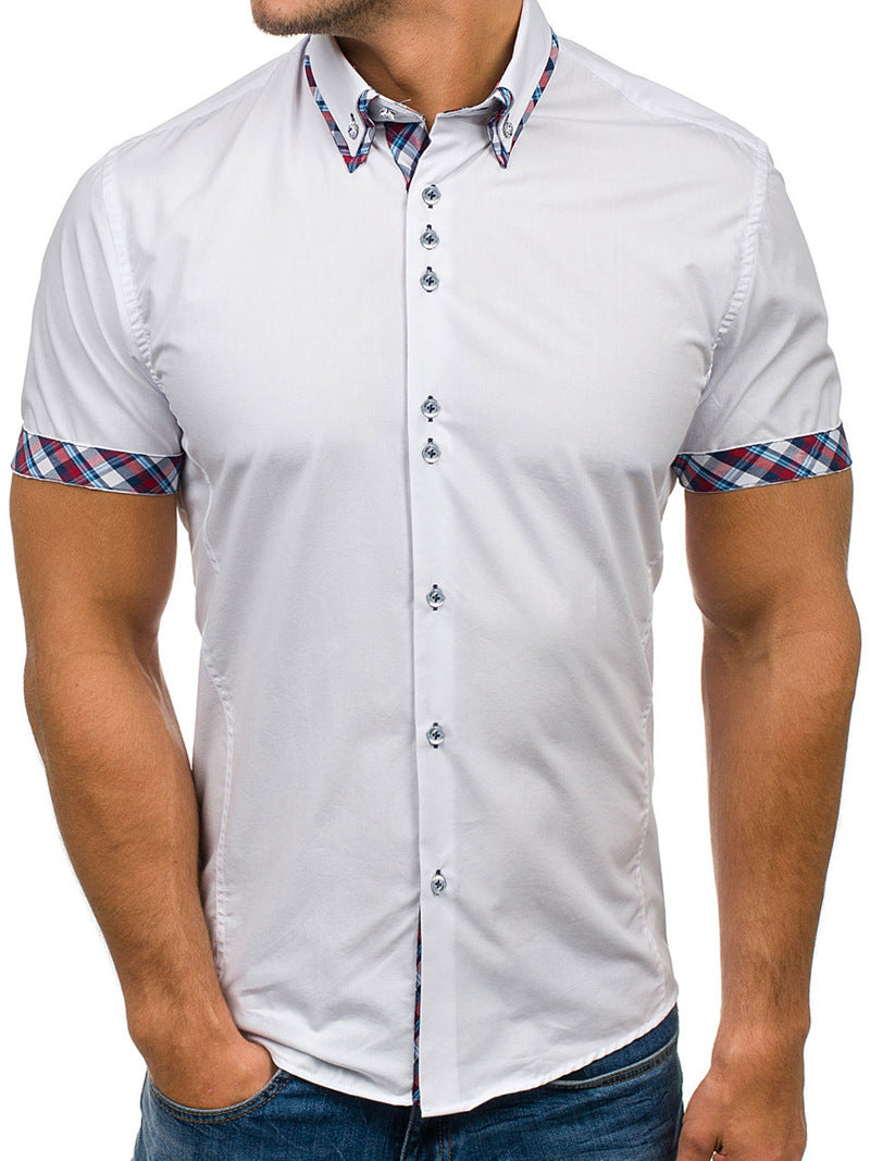 Men's Button down Tailor Fit Soft 100% Cotton Short Sleeve Dress Shirt  White with Colorful Checkcasual And Formal - Amedeo Exclusive
