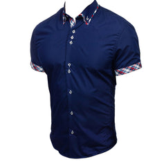 Men's Button down Tailor Fit Soft 100% Cotton Short Sleeve Dress Shirt Navy Blue with Colorful Check casual And Formal - Amedeo Exclusive