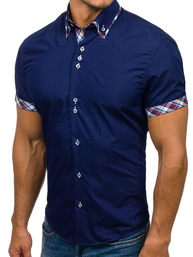 Men's Button down Tailor Fit Soft 100% Cotton Short Sleeve Dress Shirt Navy Blue with Colorful Check casual And Formal - Amedeo Exclusive