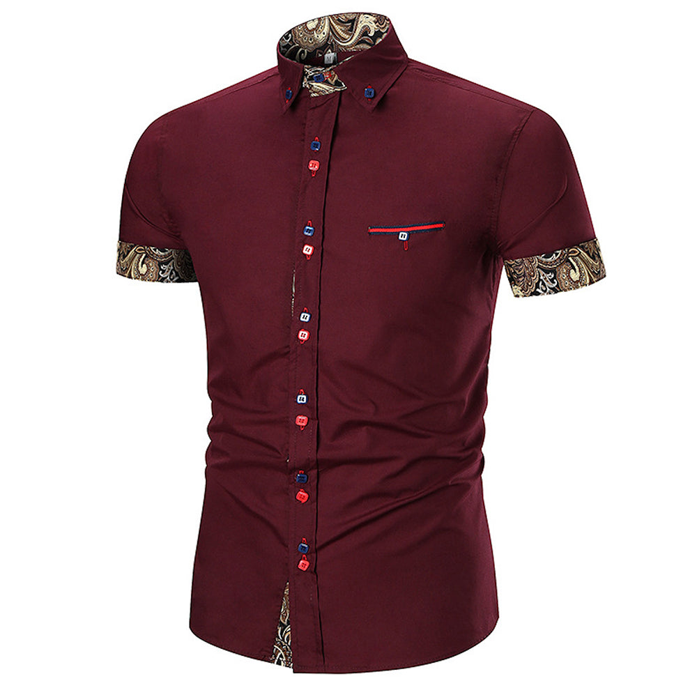 Men's Button down Tailor Fit Soft 100% Cotton Short Sleeve Dress Shirt Burgandy with Black Gold Paisley check casual And Formal - Amedeo Exclusive