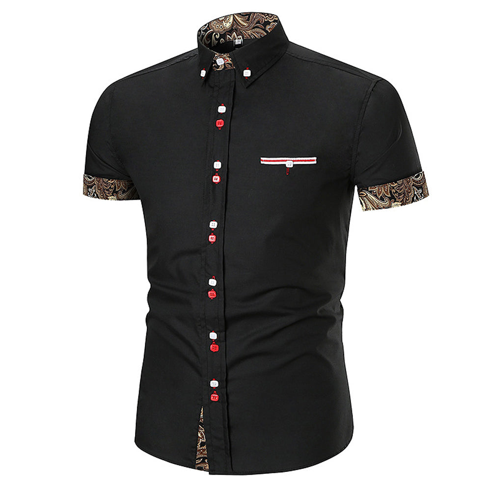 Men's Button down Tailor Fit Soft 100% Cotton Short Sleeve Dress Shirt Black with Black Gold Paisley check casual And Formal - Amedeo Exclusive