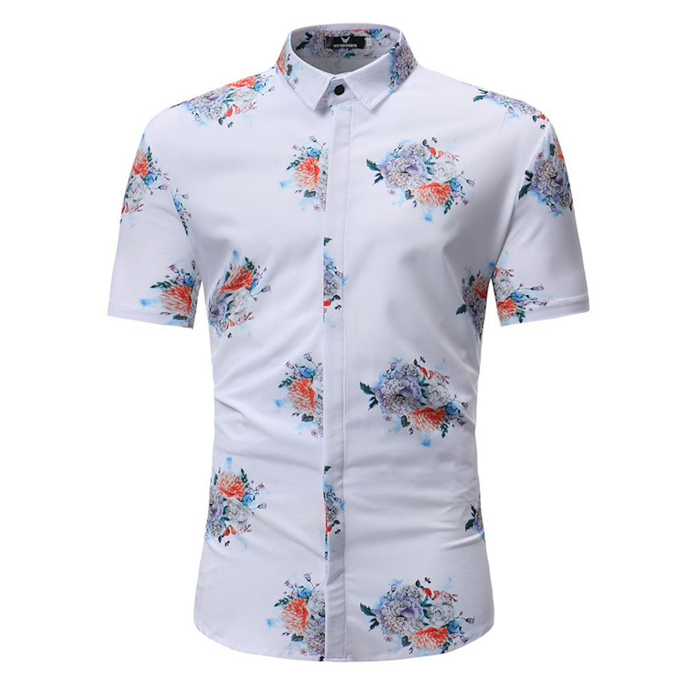Men's Button down Tailor Fit Soft 100% Cotton Short Sleeve Dress Shirt White with Colorful Floral check casual And Formal - Amedeo Exclusive