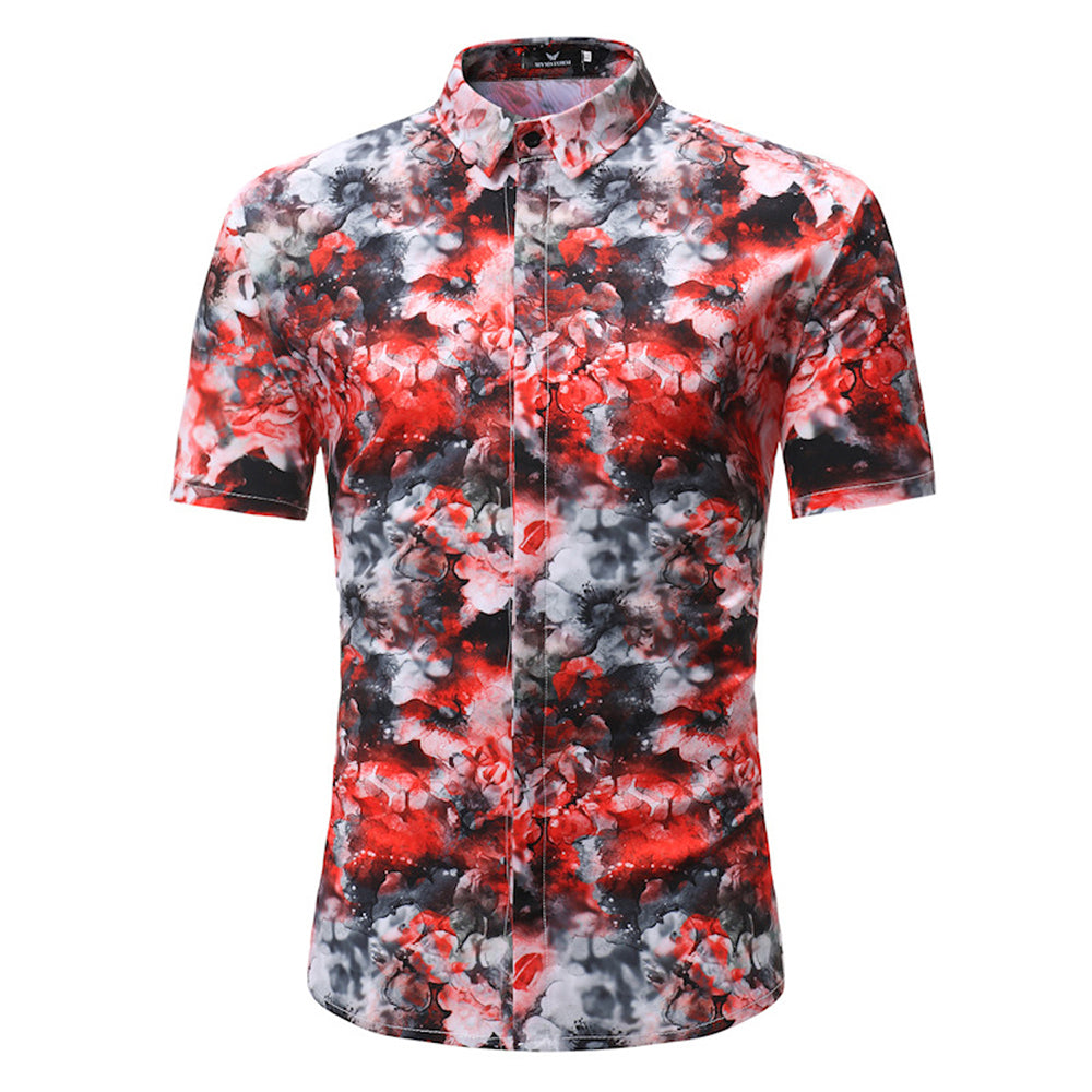 Red Black White Floral Mens Short Sleeve Button up Shirts - Tailored Slim Fit Cotton Dress Shirts - Amedeo Exclusive