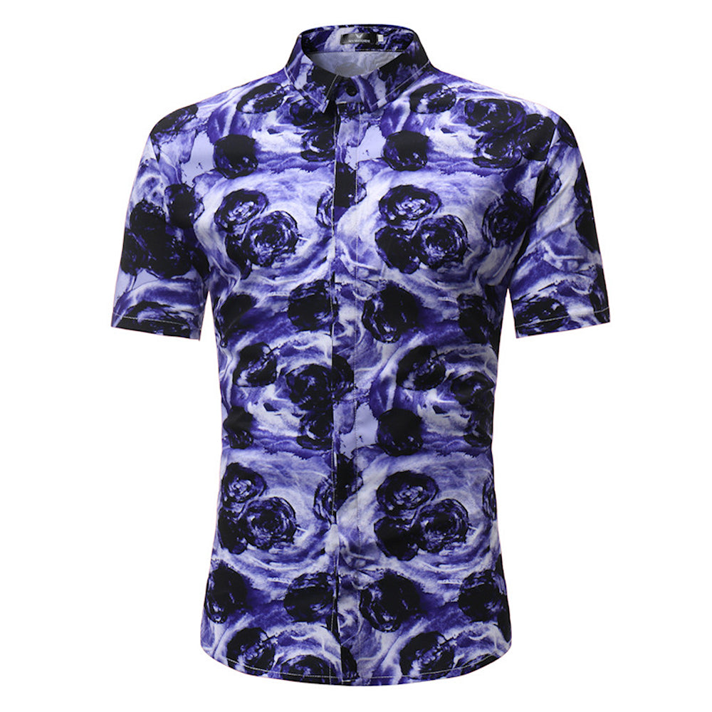 Purple Floral check Mens Short Sleeve Button up Shirts - Tailored Slim Fit Cotton Dress Shirts - Amedeo Exclusive