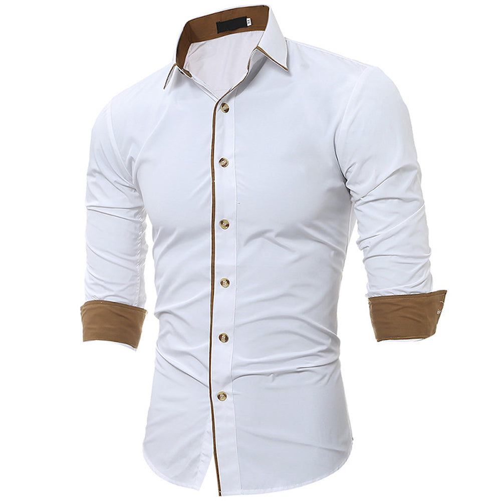Men's Button down Tailor Fit Soft 100% Cotton Short Sleeve Dress Shirt Solid White with Beige casual And Formal - Amedeo Exclusive