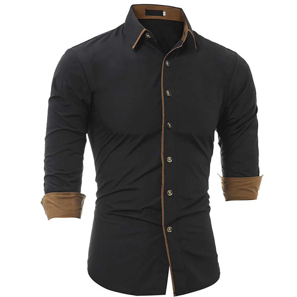 Men's Button down Tailor Fit Soft 100% Cotton Short Sleeve Dress Shirt Black with Beige casual And Formal - Amedeo Exclusive