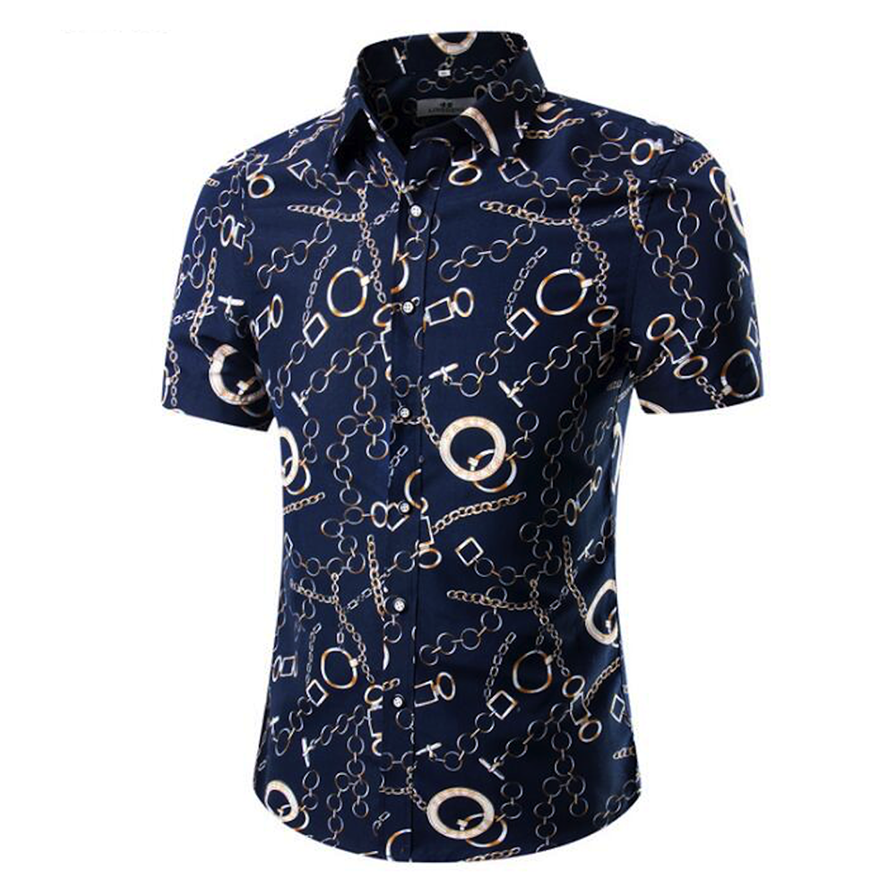 Men's Fashion Navy Blue Chains Slim Fit Short Sleeve Shirt - Amedeo Exclusive