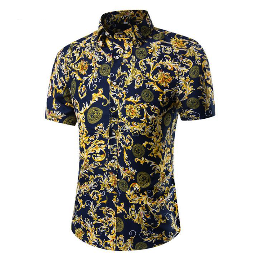 Men's Button down Tailor Fit Soft 100% Cotton Short Sleeve Dress Shirt Navy Blue Paisley casual And Formal - Amedeo Exclusive