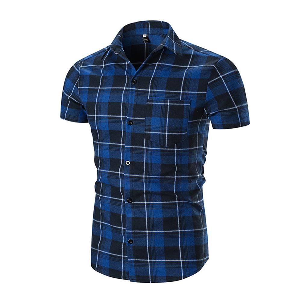 Blue Black Check Mens Short Sleeve Button up Shirts - Tailored Slim Fit Cotton Dress Shirts - Amedeo Exclusive