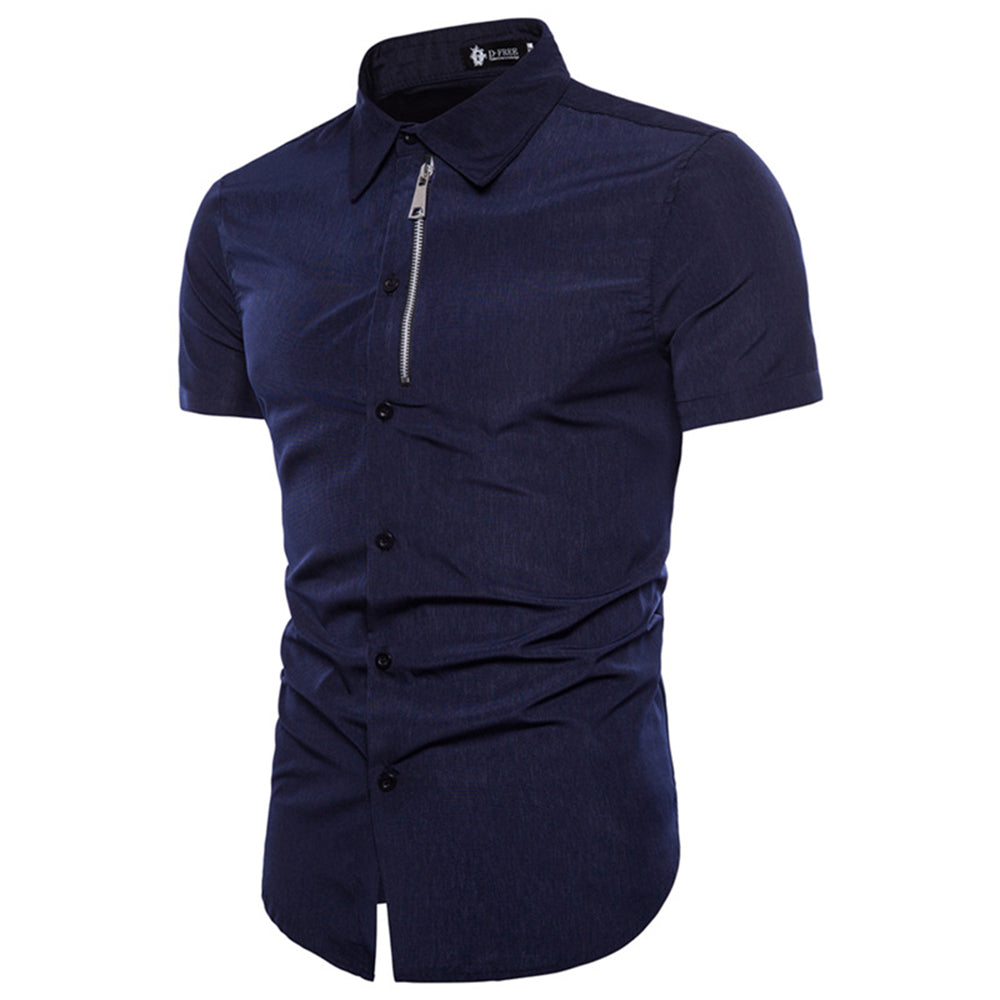 Men's Button down Tailor Fit Soft 100% Cotton Short Sleeve Dress Shirt Navy Blue casual And Formal - Amedeo Exclusive