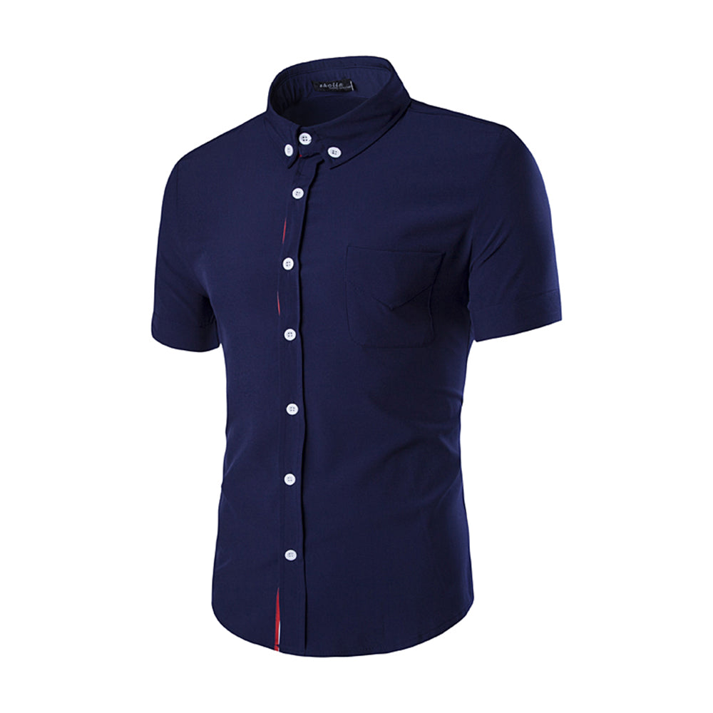Navy Blue Mens Short Sleeve Button up Shirts - Tailored Slim Fit Cotton Dress Shirts - Amedeo Exclusive