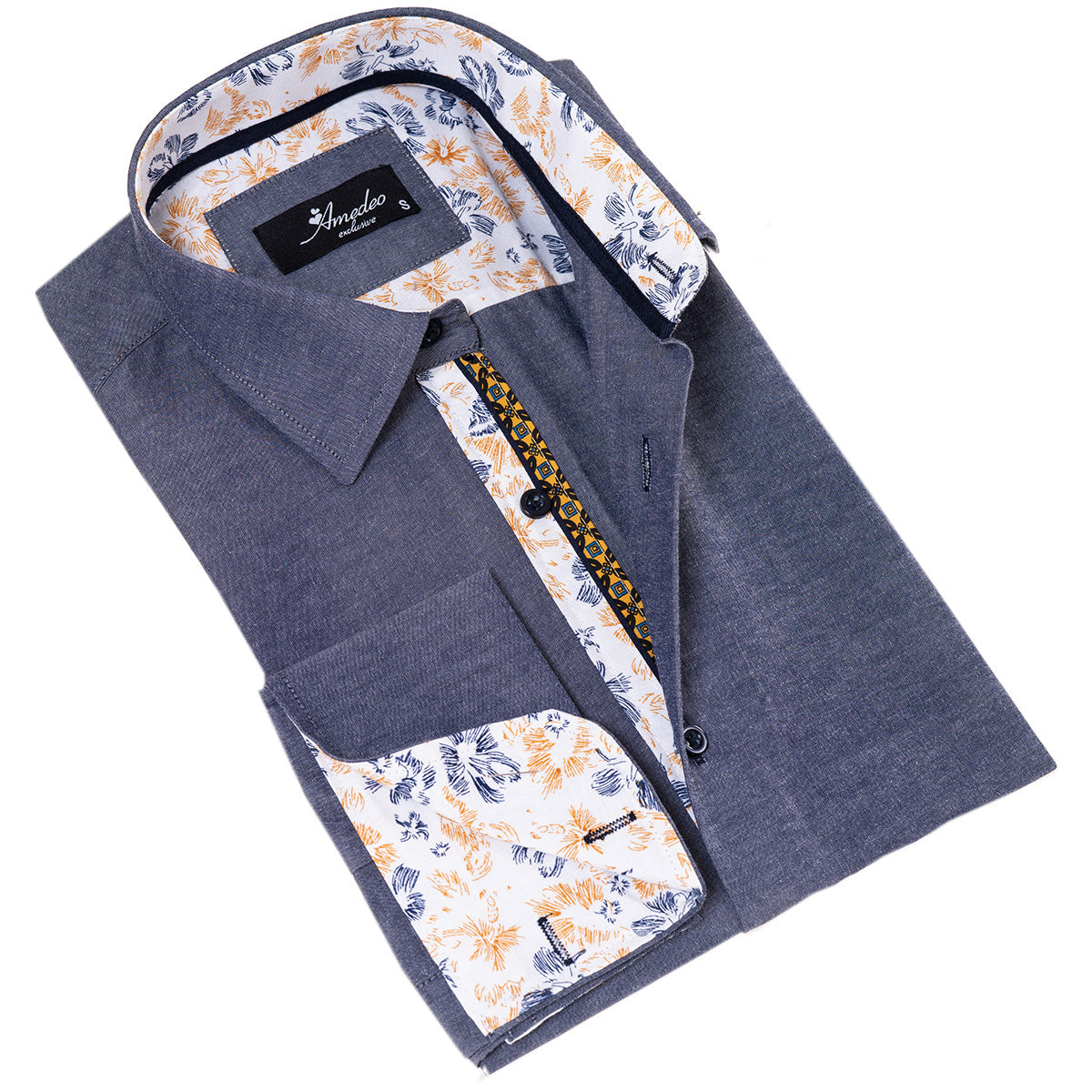 Bluish inside Floral Mens Slim Fit Designer French Cuff Shirt - tailored Cotton Shirts for Work and Casual Wear