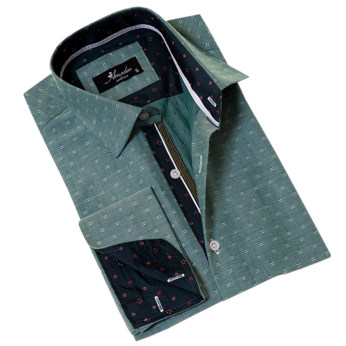 Green inside Emerald Green Printed Mens Slim Fit Designer French Cuff Shirt - tailored Cotton Shirts for Work and Casual Wear