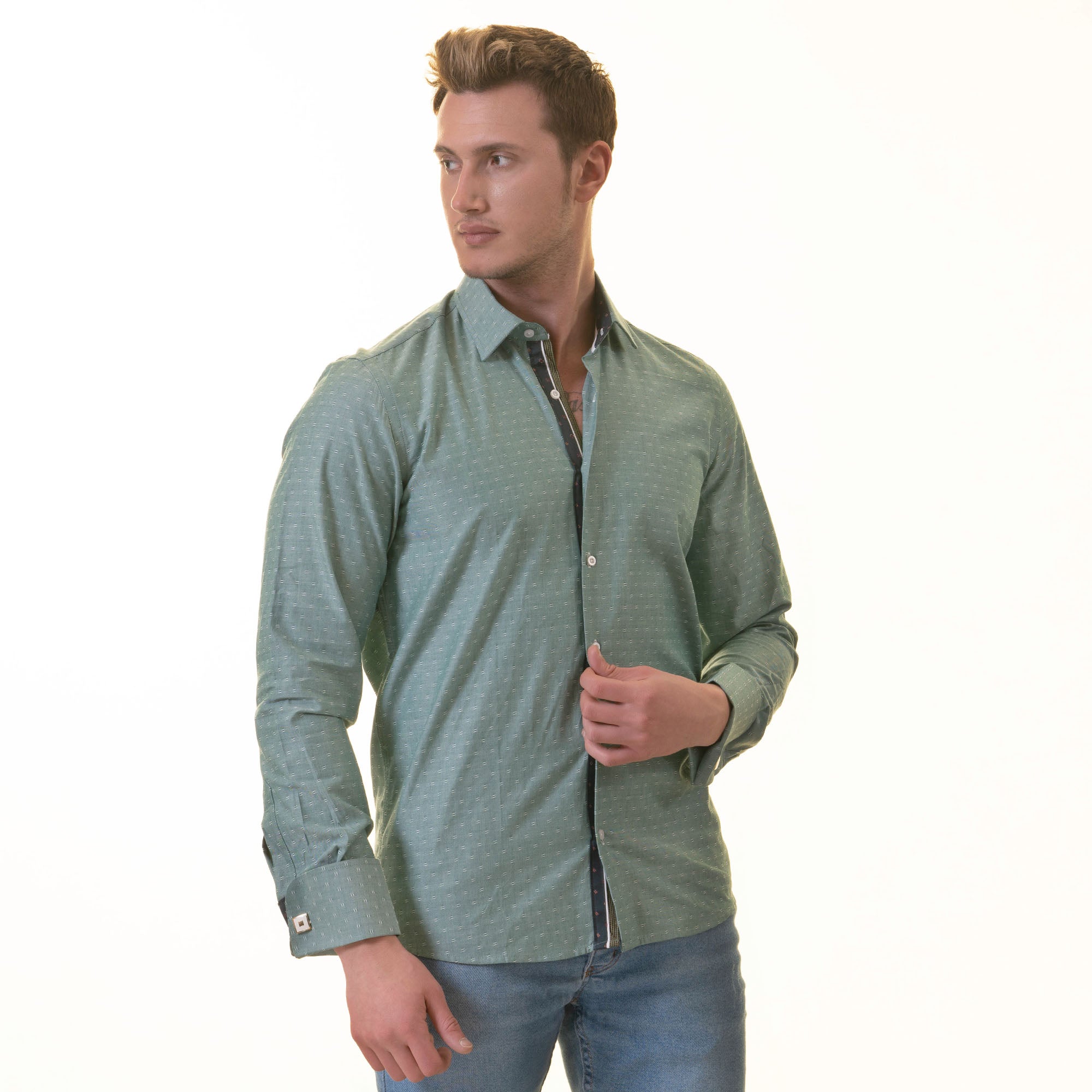 Green inside Emerald Green Printed Mens Slim Fit Designer French Cuff Shirt - tailored Cotton Shirts for Work and Casual Wear