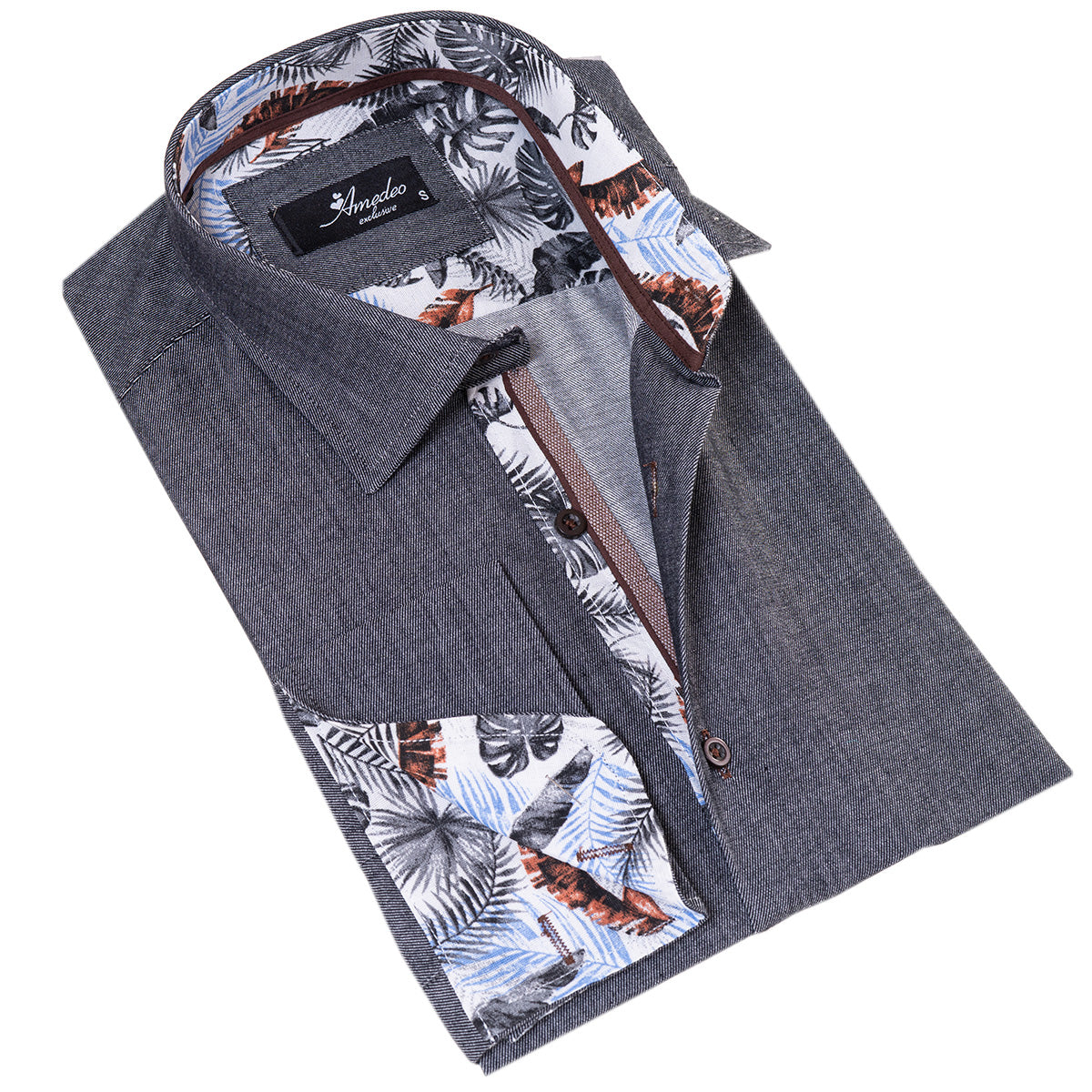 Gray inside Tropical Printed Mens Slim Fit Designer French Cuff Shirt - tailored Cotton Shirts for Work and Casual Wear