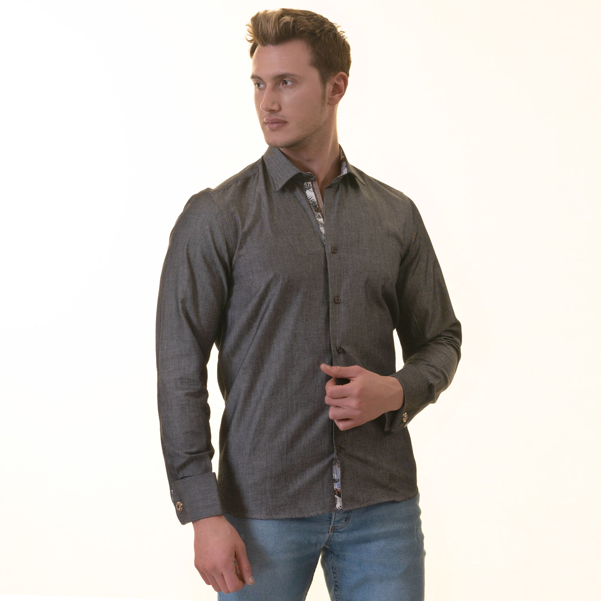 Gray inside Tropical Printed Mens Slim Fit Designer French Cuff Shirt - tailored Cotton Shirts for Work and Casual Wear
