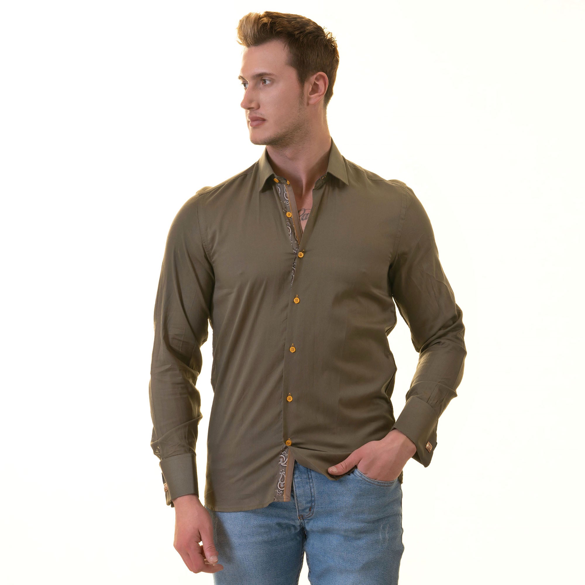 Green inside Paisley Printed Mens Slim Fit Designer French Cuff Shirt - tailored Cotton Shirts for Work and Casual Wear
