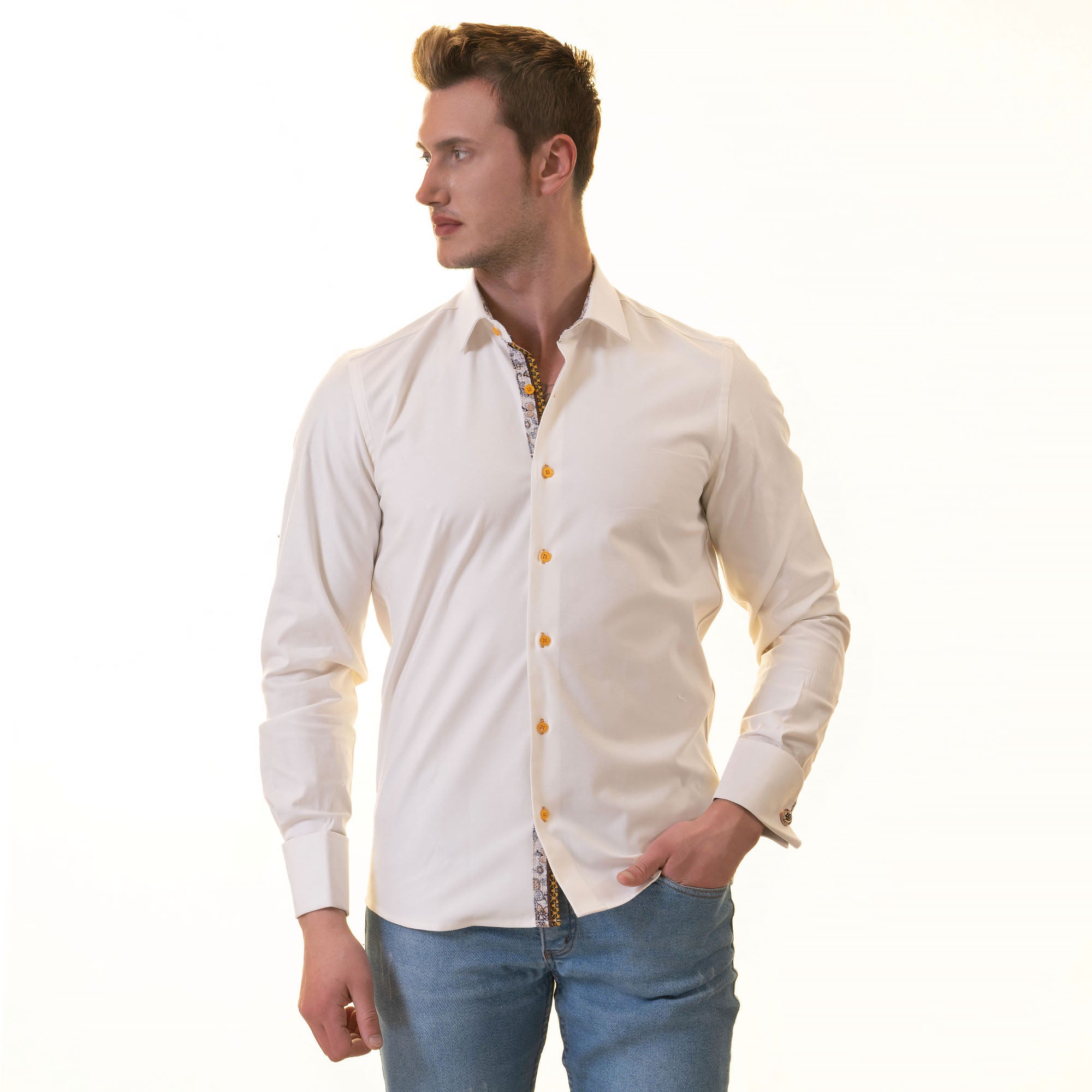 White inside Floral Mens Slim Fit Designer French Cuff Shirt - tailored Cotton Shirts for Work and Casual Wear