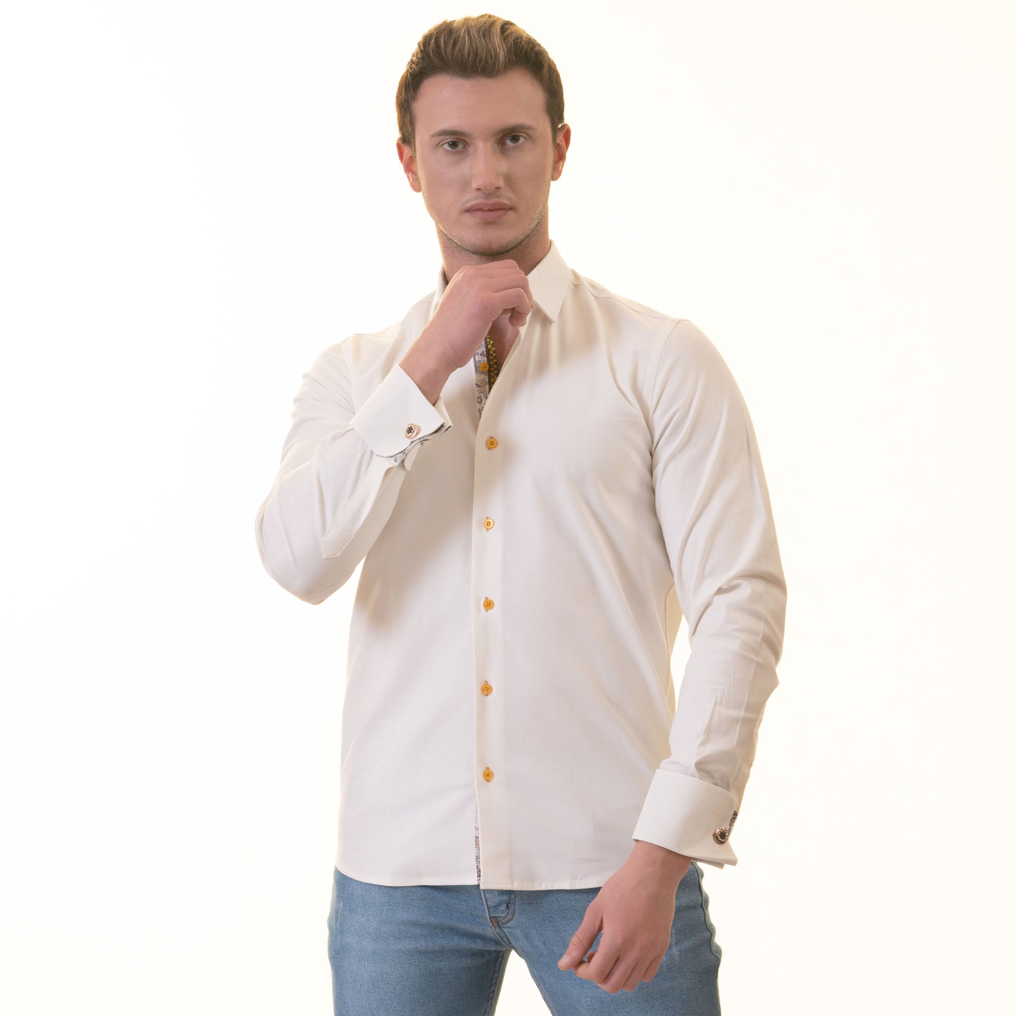 White inside Floral Mens Slim Fit Designer French Cuff Shirt - tailored Cotton Shirts for Work and Casual Wear