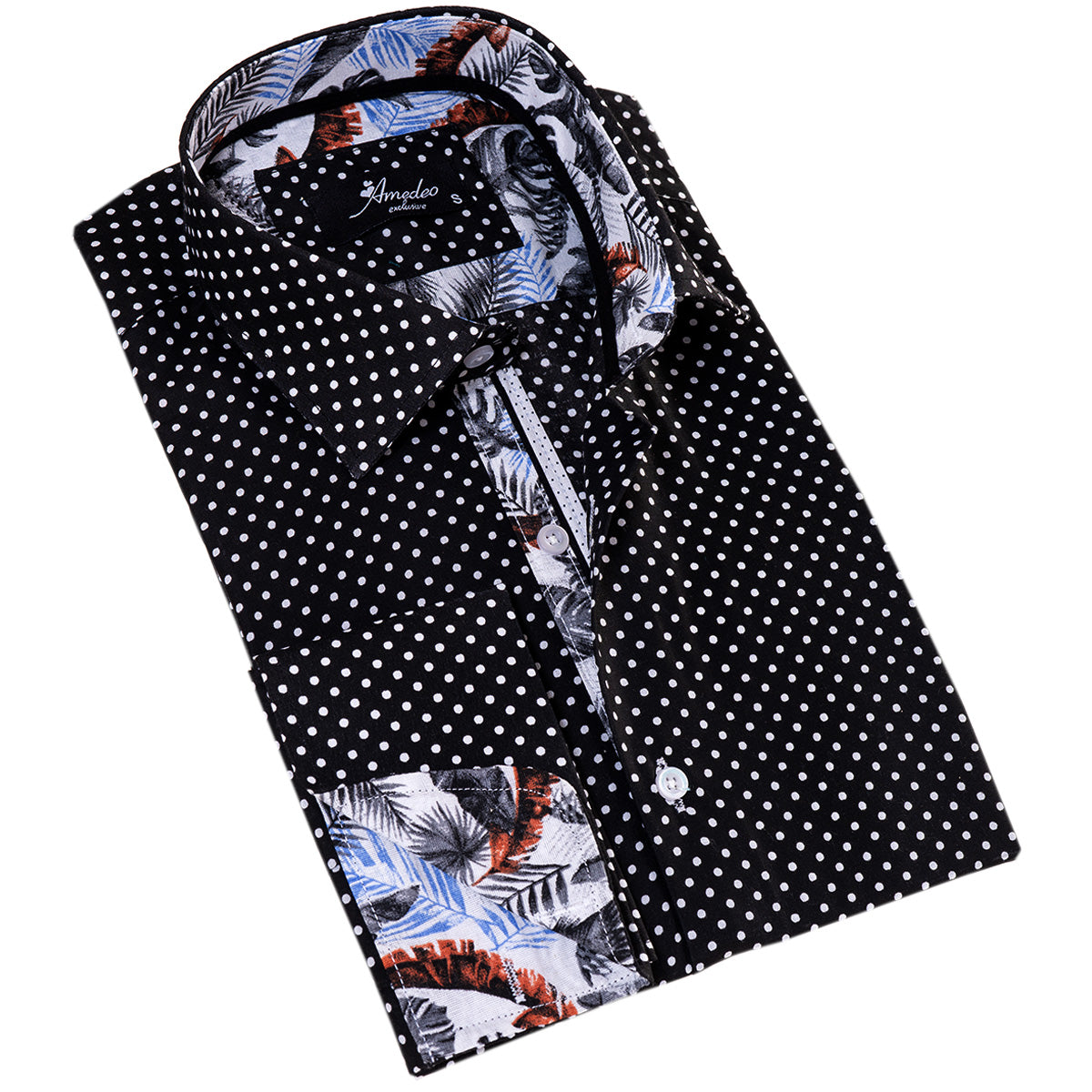 White Black Polka Dot inside Tropical Mens Slim Fit Designer French Cuff Shirt - tailored Cotton Shirts for Work and Casual Wear